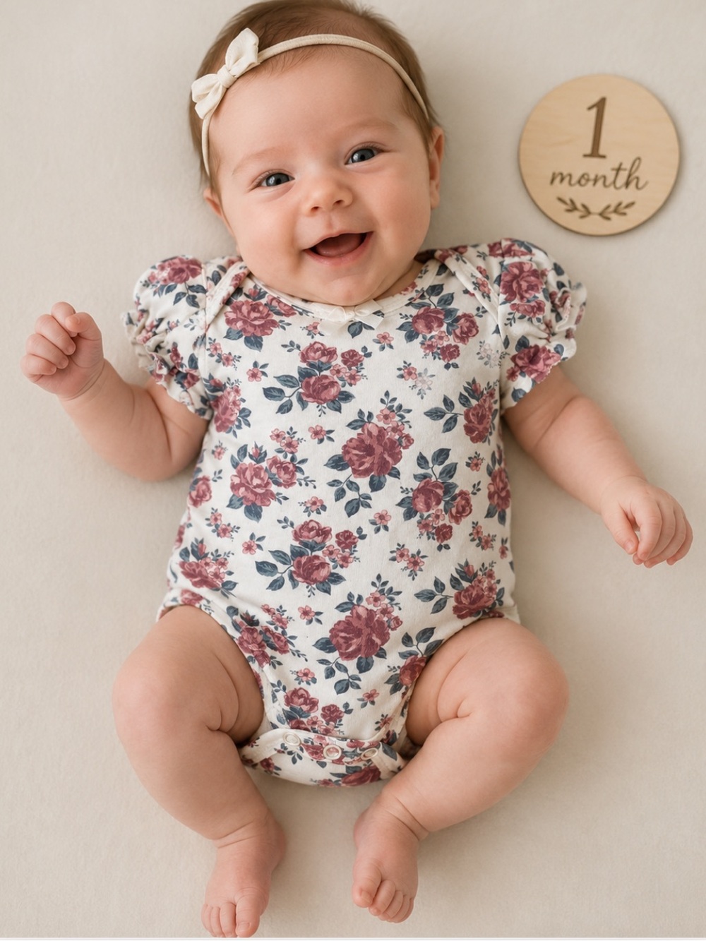Floral Cotton Baby Romper Onesie Girl in White with Pink Roses